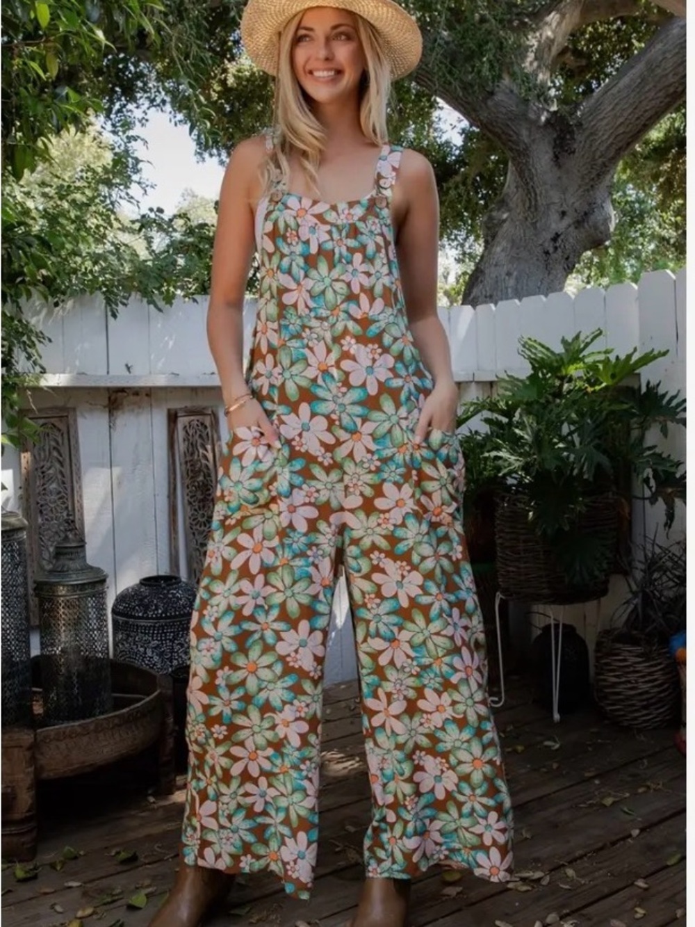 Sage + Fig Retro 70s Floral Wide Leg Overalls Jumpsuit Boho - Picture 4 of 9